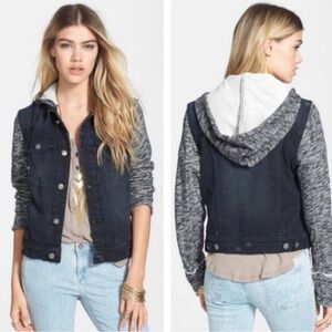 Free People Denim Jacket with Gray Sleeves and Hood